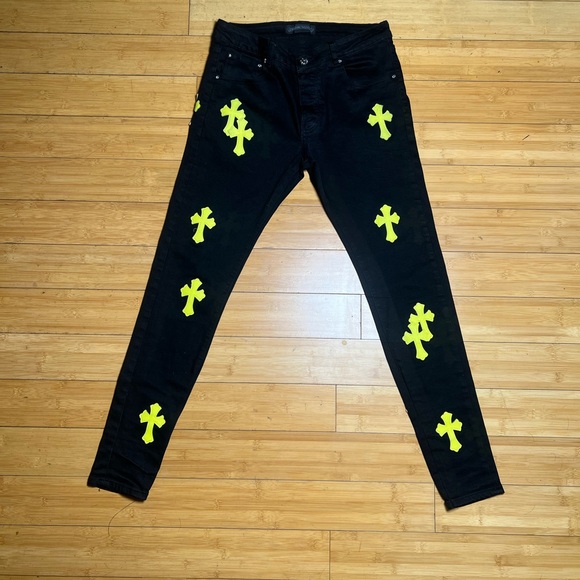 Chrome Hearts Black Jeans with Vibrant Yellow Crosses - Picture 1 of 5